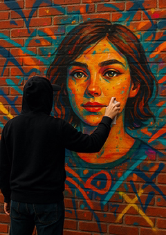 Künstler malt großformatiges Pop-Art-Porträt auf bunter Backsteinwand im Street-Art-Stil