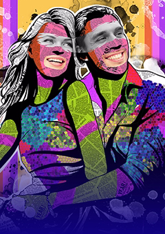 Pop-Art Paar umarmt sich vor buntem Collage-Hintergrund mit Streifenmuster