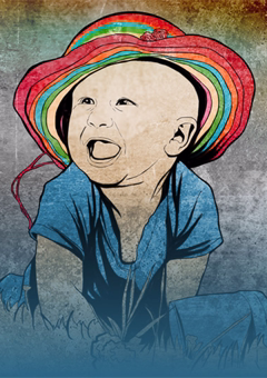 Pop-Art Kleinkind mit buntem Regenbogenhut im Banksy-Stil