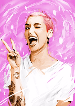 Pop-Art Person mit Peace-Zeichen und Tattoos auf pinkfarbenem Hintergrund