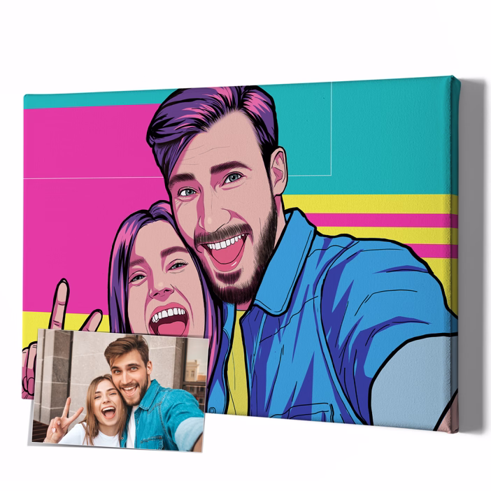 Paar-Selfie als personalisiertes Pop-Art-Leinwandbild im City-Pop-Stil
