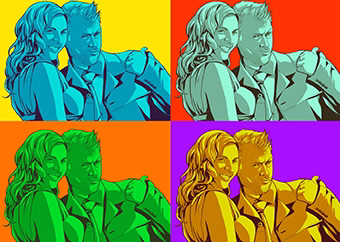 Pop-Art-Paar in vier leuchtenden Farbvarianten als personalisiertes Geschenk