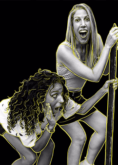 Zwei Frauen in aufgeregter Pole-Dance-Pose, Pop-Art-Stil mit gelben Konturen