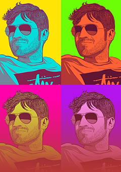 Pop-Art Poster mit einem Mann in Sonnenbrille, vier bunte Farbvarianten