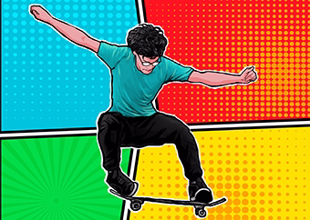 Pop-Art Skateboarder in cooler Trick-Pose auf buntem Halftone-Hintergrund