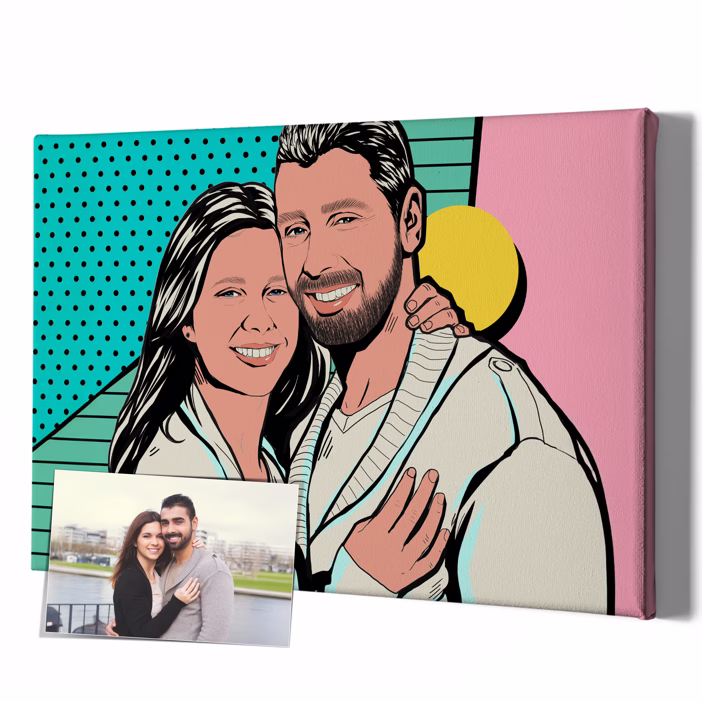 Pop-Art Leinwand mit umarmendem Paar in türkis-rosa Comic-Stil