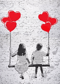 Paar auf Schaukeln mit roten Herzballons im Banksy-Graffiti-Stil