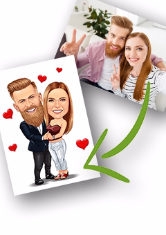 Pärchen-Karikatur im Pop-Art-Stil mit Herzen aus echtem Foto personalisiert