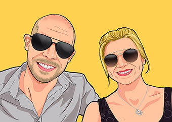 Pop-Art Paar mit Sonnenbrillen auf gelbem Hintergrund im Comic-Stil