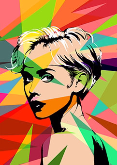 Pop-Art Porträt einer Frau mit geometrisch buntem Hintergrund im Lobo-Stil