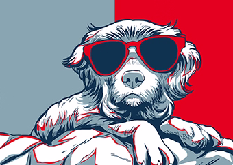 Pop-Art Hund mit roten Sonnenbrillen in Obama-Poster-Stil auf grau-rotem Hintergrund