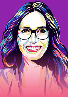 Pop-Art-Porträt einer Frau mit Brille auf leuchtendem lila Hintergrund