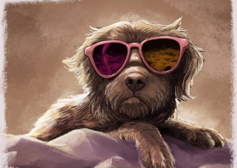 Entspannter Hund mit pinker Sonnenbrille im Pop-Art-Stil gemalt