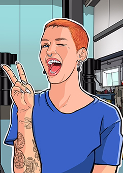 Pop-Art Cartoon Person mit Tattoos zeigt Peace-Zeichen in blauem Shirt