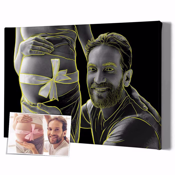 Pop-Art Leinwand werdende Eltern Schwangerschaft Bauch mit Schleife Mann kniend