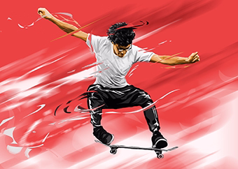 Pop-Art Skateboarder in dynamischer Trick-Pose auf leuchtendem Rotem Hintergrund