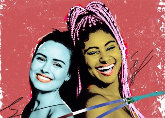 Pop-Art Vorlage zwei Frauen schulter an schulter auf rosa Hintergrund