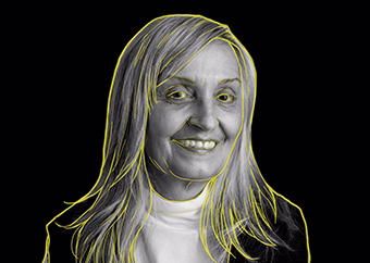Pop-Art-Porträt einer Frau mit neongelbem Linien-Effekt auf schwarzem Hintergrund