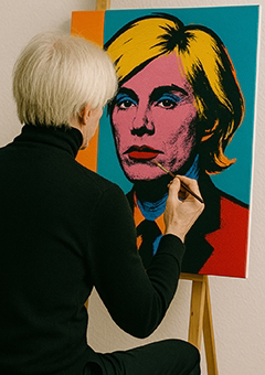 Künstler malt buntes Pop-Art-Portrait auf Leinwand im Warhol-Stil