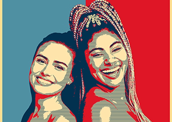 Zwei Frauen im Shepard-Fairey-Pop-Art-Stil auf rotem Hintergrund