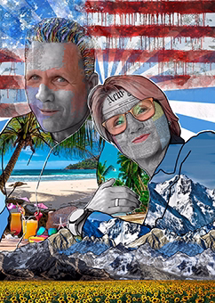 Pop-Art-Collage zwei Männer Strand Berge USA-Flagge personalisiertes Geschenk