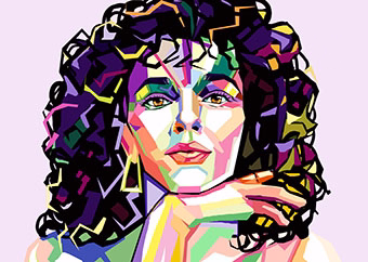 WPAP Pop-Art Porträt einer Frau mit goldenen Ohrringen auf hellem Hintergrund