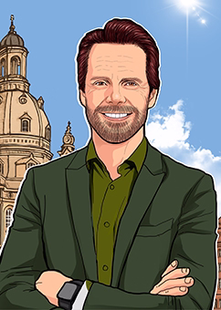 Pop-Art-Porträt eines Mannes im Anzug vor der Dresdner Frauenkirche