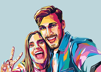 Pop-Art Paar macht Selfie in bunten WPAP-Farben als personalisiertes Geschenk