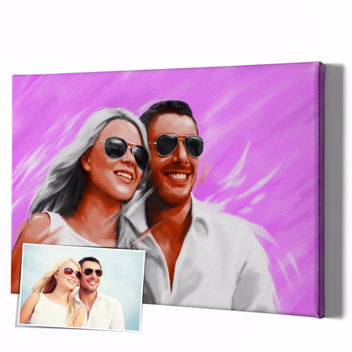 Personalisiertes Leinwandbild Paar mit Sonnenbrille im Ali-Malstil auf violettem Hintergrund