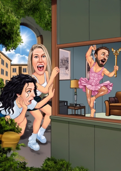 Karikatur zwei Frauen beobachten Mann im Ballett-Outfit durch Fenster