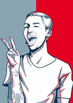 Pop-Art Illustration einer Person mit Peace-Zeichen in Rot-Grau-Stil