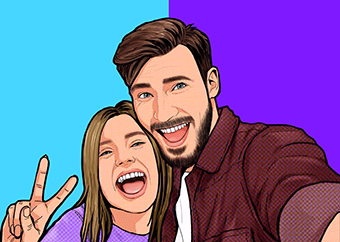 Pop-Art Paar macht Selfie mit Peace-Zeichen auf blau-lila Hintergrund