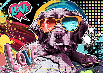 Pop-Art Hund mit Sonnenbrille und buntem Love-Schriftzug auf farbexplosivem Hintergrund