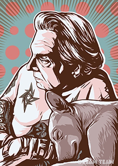 Pop-Art Porträt einer Person mit Hund im Retro-Siebdruck-Stil