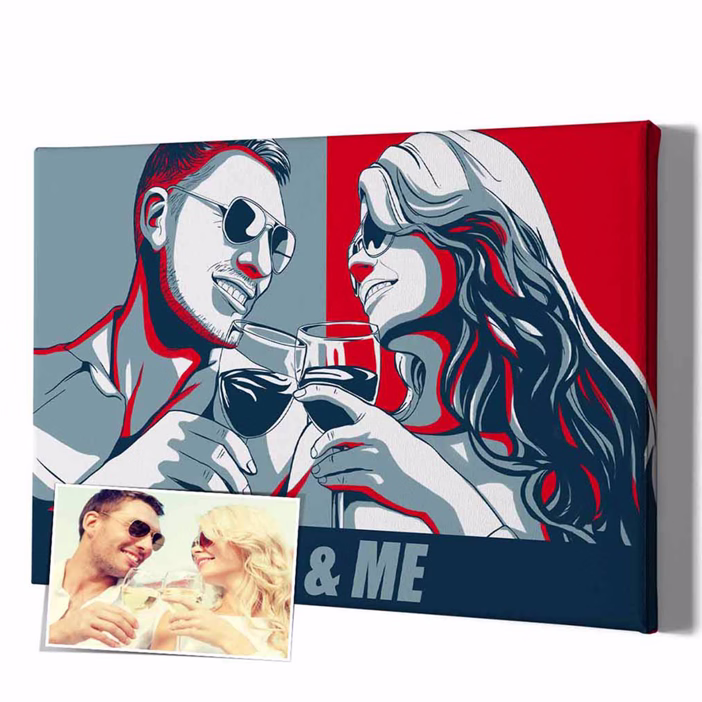 Pop-Art Leinwand Paar stößt mit Weingläsern an, Schriftzug & ME