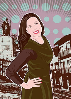 Pop-Art Frau in selbstbewusster Pose vor Stadtkulisse mit Statue