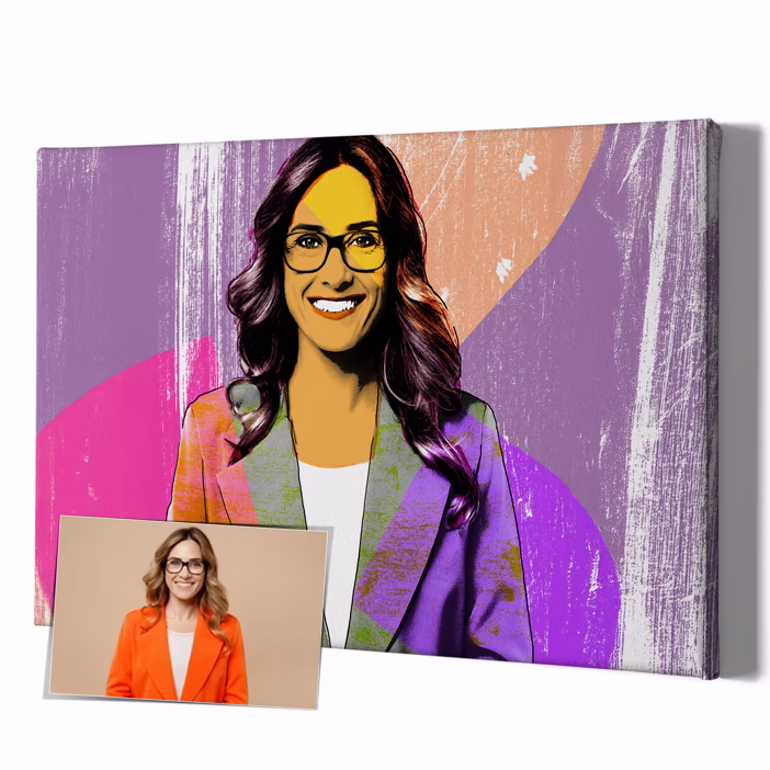 Pop-Art-Leinwand einer Frau mit Brille im bunten Warhol-Stil als personalisiertes Geschenk