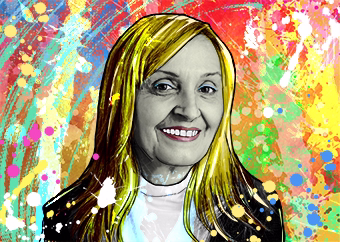 Pop-Art-Porträt einer Frau im Warhol-Stil mit farbenfrohem Hintergrund