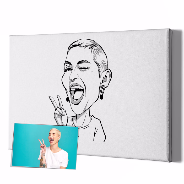 Personalisiertes Pop-Art-Porträt einer Frau mit Peace-Zeichen im Karikatur-Stil auf Leinwand