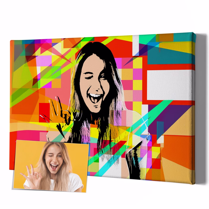 Pop-Art Leinwand einer Frau mit Rock-Geste auf buntem geometrischem Hintergrund
