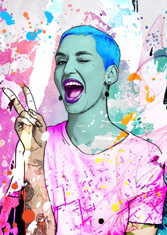 Pop-Art Porträt einer Person mit Peace-Zeichen und bunten Farbspritzern im Warhol-Stil