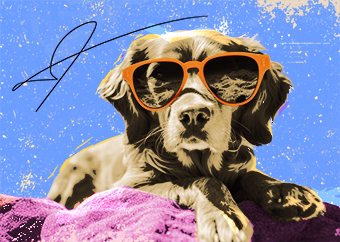 Pop-Art Hund mit oranger Sonnenbrille auf blauem Hintergrund im Warhol-Stil