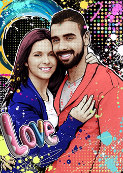 Pop-Art Paar umarmt sich vor buntem Hintergrund mit Love-Schriftzug