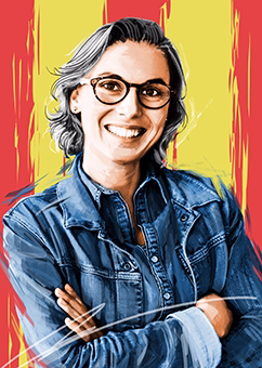 Pop-Art-Porträt einer Frau mit Brille und Jeansjacke vor gelbem Hintergrund
