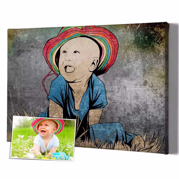 Personalisiertes Baby-Portrait im Banksy Street-Art Stil auf Leinwand mit buntem Hut
