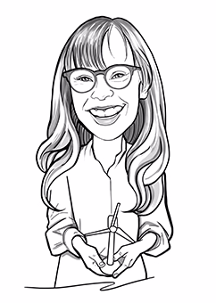 Karikatur einer Frau mit Brille hält ein Windrad – personalisiertes Geschenk